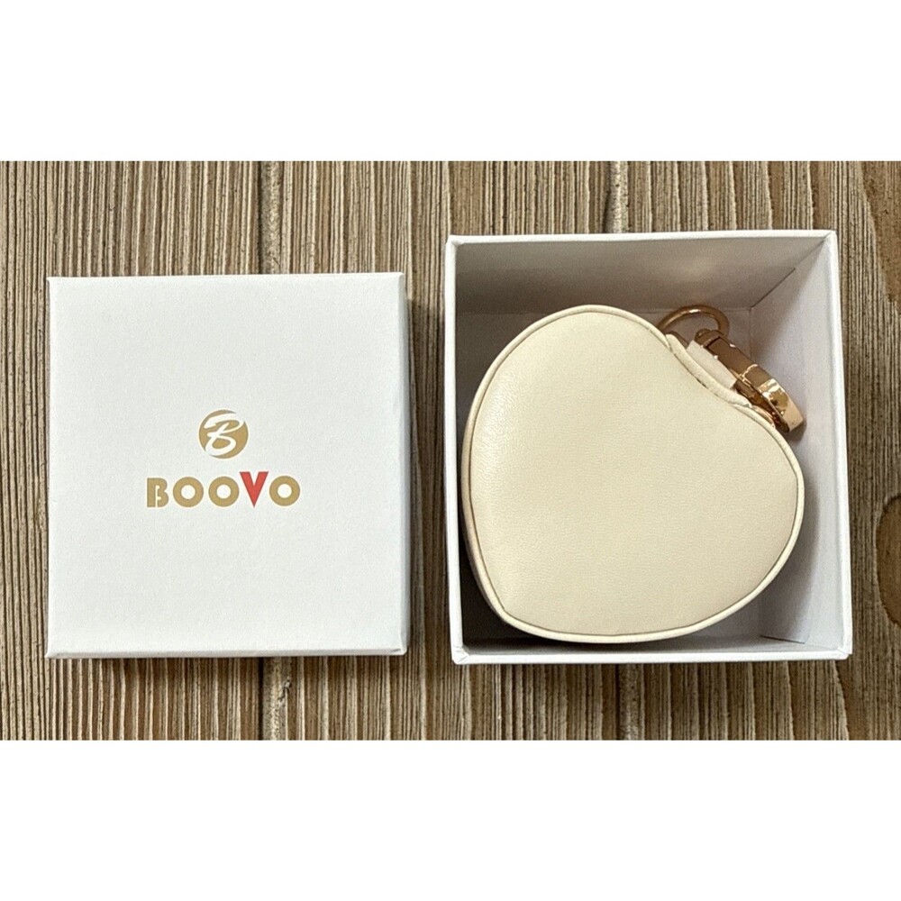 BooVo Ivory Heart-Shaped Zipper Travel Jewelry Coin Box with Purse Bag Clip